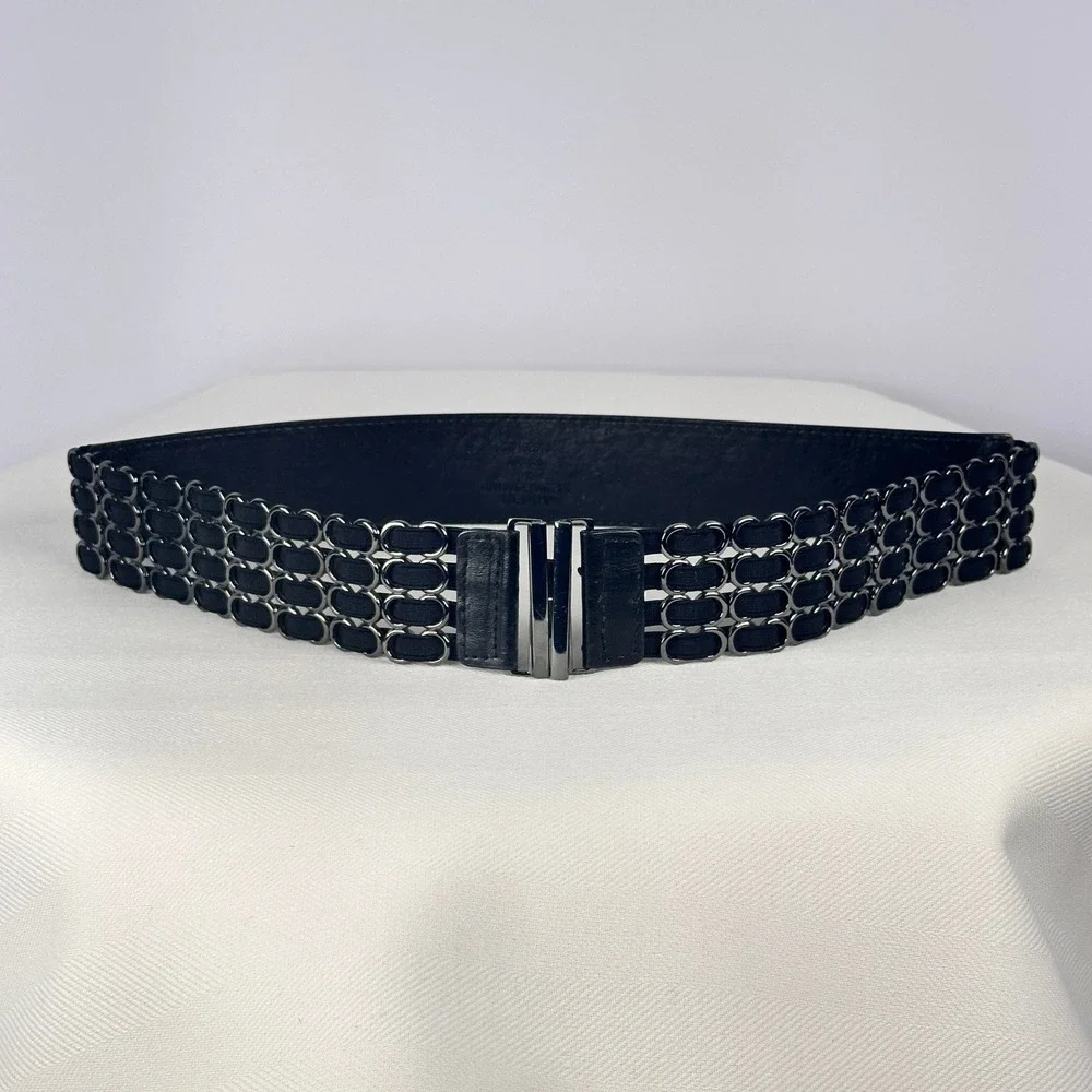Steve Madden Black Chain Waist Belt Structured Y2K Gunmetal Elastic Size M